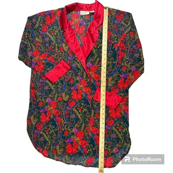 VTG Gold Label Victoria's Secret Double Breasted Satin Robe Sz Med Rose Paisley - Picture 7 of 10